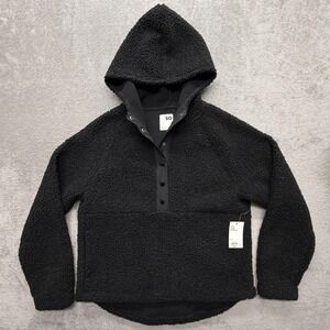 SO Hoodie Womens M Black Pullover Fleece Hooded Henley Faux Fur Cozy Relaxed Fit